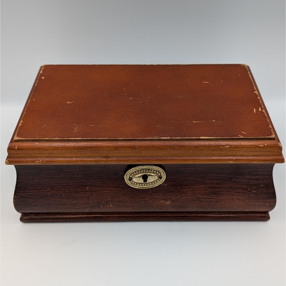VTG Wooden Jewelry Box With Mirror Hinged Lid Ornate Keyhole Storage No Key